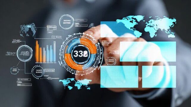 Data Visualization Interaction: A person's hand interacts with a holographic interface, bringing forth data analytics to life and showcasing insights with high technology.