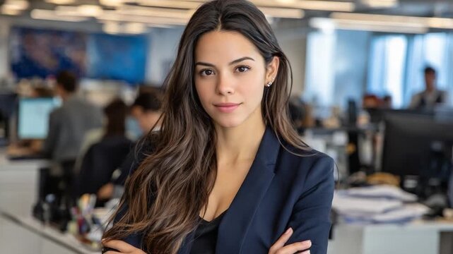 Poised Professional: A confident businesswoman with crossed arms stands elegantly in a modern office environment, her focused gaze conveying competence and professionalism.