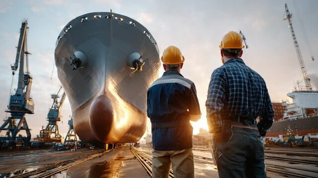 Shipyard supervisors watching the ship: Two shipyard supervisors in safety attire stand before a massive ship, observing the vessel's grandeur and structural intricacies.