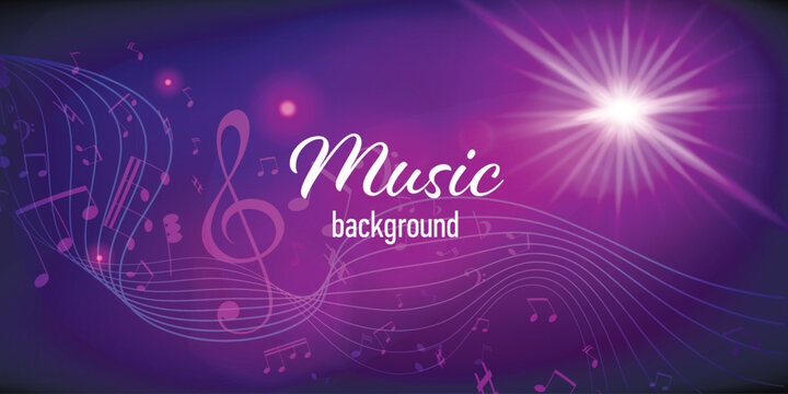 Horizontal vector template for a music banner or stream cover featuring a glowing beam of light, dynamic treble clef, curved musical staff, and floating notes. Bright illumination, modern abstract sty