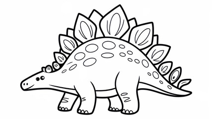 Children’s Stegosaurus coloring page with big decorative back plates and a long tail. Thin black contour with simple clear outlines and many inner elements for coloring. Black and white printable dino