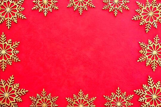Golden snowflake border on a vibrant red background for festive occasions - Powered by Adobe