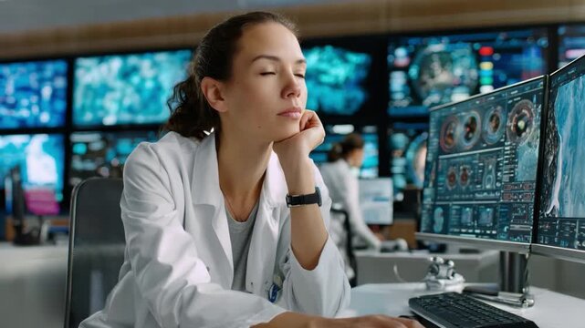 Weary Scientist at Work: A dedicated scientist takes a moment of pause, her expression revealing the mental strain and focus required in a high-tech laboratory environment.