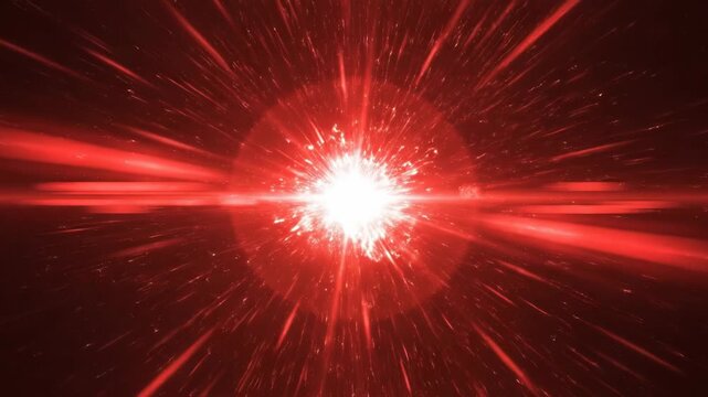 Bright red starburst explosion with lens flare effect in dark space with small star particle background