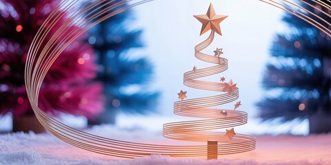 A luminous star sits atop the spiraling metallic tree amidst blurred colorful winter scenery