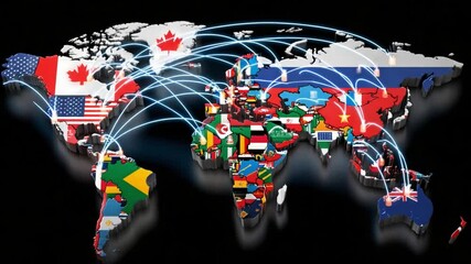 Global Interconnection: A vibrant and illustrative depiction of global interconnectedness, showcasing international flags as part of the world map with dynamic connection lines.  - Powered by Adobe