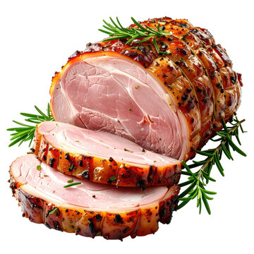 A succulent roast pork loin, known as arista di maiale, sliced to reveal juicy interior, beautifully presented isolated on a white background