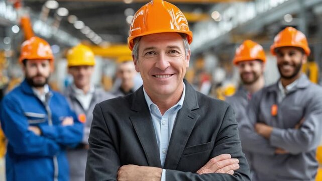 Factory Team's Pride: A confident leader, flanked by a diverse team of dedicated professionals, embodies unity and expertise within an industrial setting, symbolizing shared commitment and purpose.