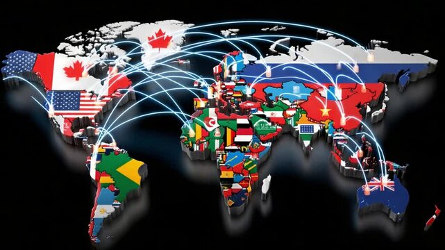 Global Interconnection: A vibrant and illustrative depiction of global interconnectedness, showcasing international flags as part of the world map with dynamic connection lines. 