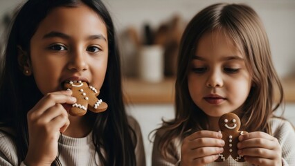 Two girl kid eating ginger cookie. Children prepare and enjoy delicious gingerbread man cookie for Christmas or New Year holiday. Holiday baking concept.