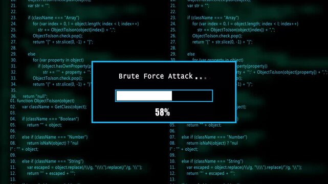  glowing progress bar shows 100% percent of  brute Gorce attack on a background of computer code programming