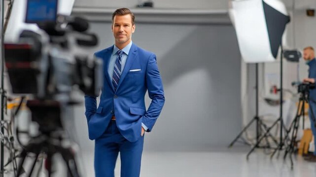 Production Ready: A poised business professional exudes confidence in a studio setting, surrounded by filming equipment, capturing the essence of expertise and preparedness.