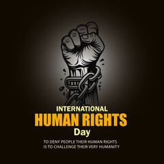 International Human Rights Day Illustration with Raised Fist Breaking Chains on Dark Background