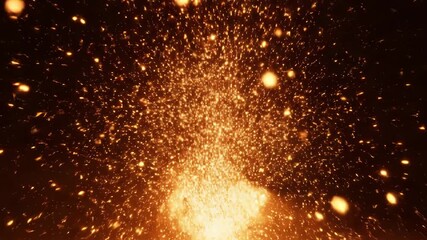 Bright orange fire sparks flying upwards against a dark black background, abstract energy burst effect - Powered by Adobe