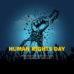 Human Rights Day Illustration with Raised Fist Breaking Chains and Protest Crowd Silhouette