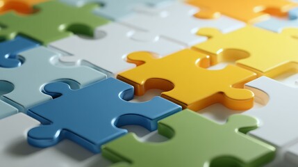 Fototapeta premium Close-up of interlocking puzzle pieces in various colors creating a partially assembled picture. Focus on the bright colors