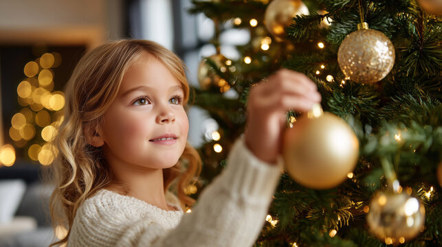 Young girl hanging a golden ornament on a decorated Christmas tree, capturing a warm and festive holiday moment