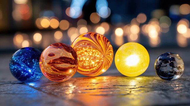 Colorful glass marbles arranged on a surface, shining under soft lights at night while reflecting the surrounding atmosphere