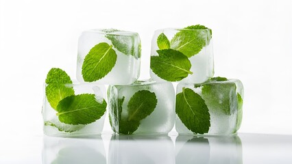 Obraz premium Ice cubes with mint leaves, cold clean minimal composition