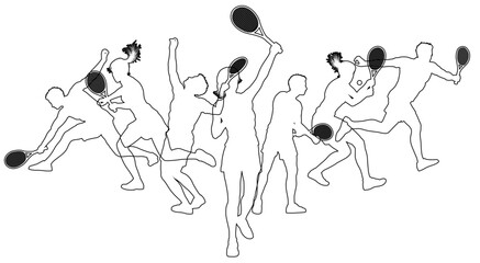 Silhouette Tennis players set. Active sports people healthy players fitness silhouettes concept.