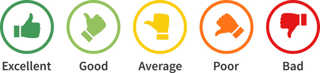 Set of feedback rating. Excellent, good, average, poor, bad. Rating thumb icon set. Thumb up, Thumb down. Vector