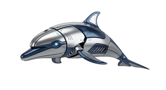 Futuristic metallic robot dolphin toy isolated on white background - Powered by Adobe