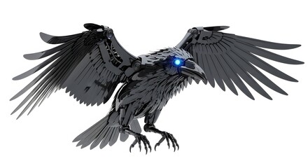 Naklejka premium Mechanical raven with glowing blue eyes isolated on white background