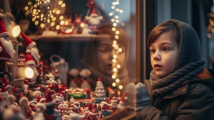 Boy looking at Christmas decorations in shop window. Wonder and excitement for holiday season. Childhood joy for gift and toy.