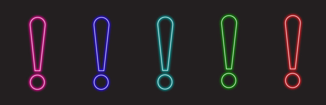 A set of five vibrant colorful neon exclamation mark icons on a dark background creating a visually striking emphasis with glowing outlines for important notifications and alerts for your designs