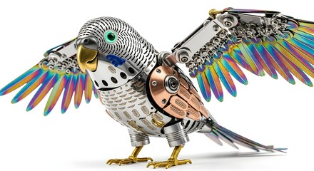Steampunk mechanical parrot with colorful wings isolated on white background