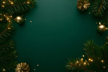 Festive christmas fir branches with warm golden lights on dark green background