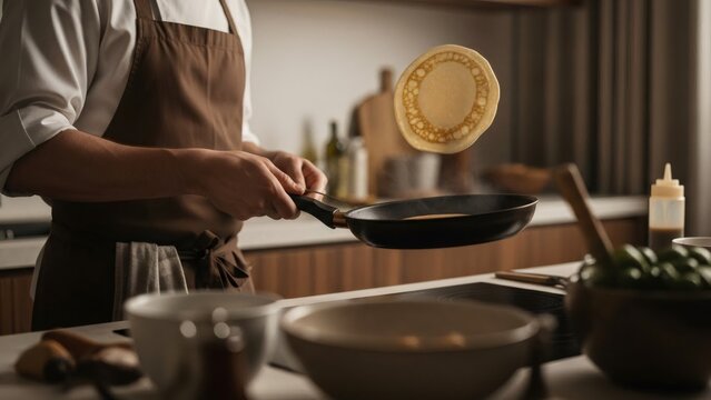 Man flipping pancake in kitchen with pan. Cook preparing breakfast or brunch meal. Culinary skill and homemade food concept for cooking blog.