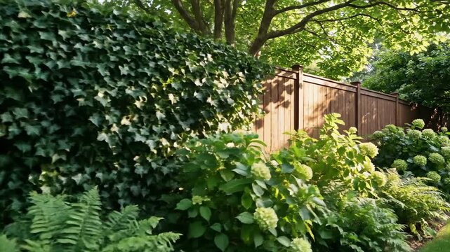 Lush garden foliage hydrangea bloom greenery wood fence sunlight