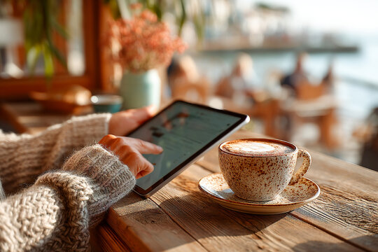 Cozy cafe scene with coffee and tablet by the waterfront in afternoon sun Generative AI