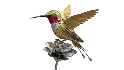 Fototapeta premium Detailed metal hummingbird sculpture perched on a flower isolated on white background
