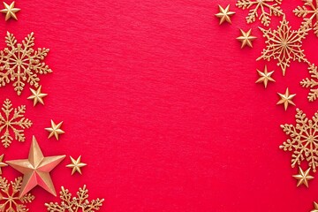 Golden christmas ornaments and snowflakes scattered on a vibrant red background
