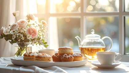 ガラス窓越し光が差すアフタヌーンティーセット