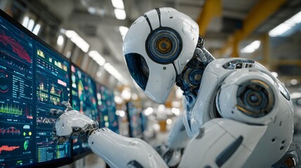 A futuristic robot examines data on multiple screens in a factory setting, its robotic arm interacting with the displays