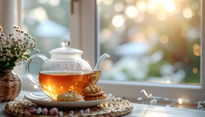 ガラス窓越し光が差すアフタヌーンティーセット