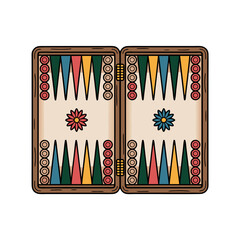 Colorful backgammon game board with geometric patterns and pieces  