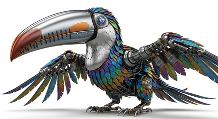 Obraz premium Mechanical toucan sculpture with colorful feathers isolated on white background
