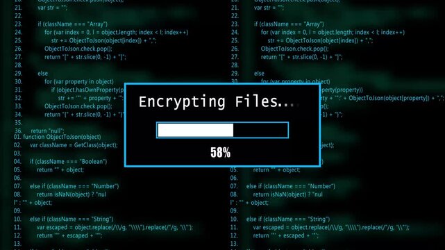  glowing progress bar shows 100% percent of  encrypting files  on a background of computer code programming