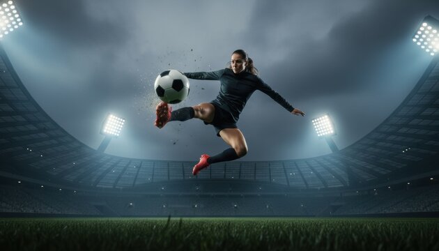 Female soccer player in a dark uniform kicking the ball mid-air with dynamic power during a dramatic night match in a professional stadium - Powered by Adobe