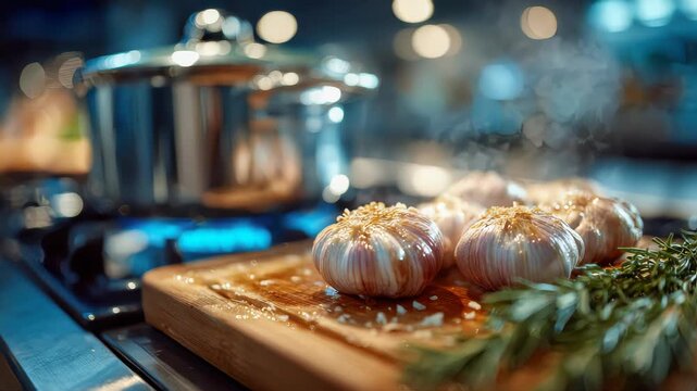 Hot roasted garlic bulbs steaming on a wooden cutting board beside fresh rosemary in a warm kitchen setting