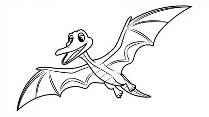 Children’s dinosaur coloring page featuring a smiling flying Pterodactyl with wide wings. Thin black line art with simple clear outlines and detailed wing patterns. Black and white printable worksheet