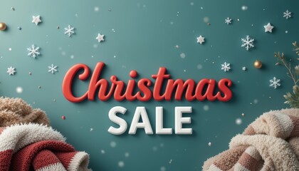Christmas sale banner. Teal banner with Christmas Sale text, surrounded by festive props; marketing material for promotions and seasonal campaigns.