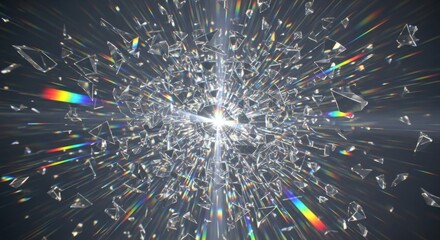 Radiant Shattered Glass Fragments Bursting with Prismatic Rainbow Light.