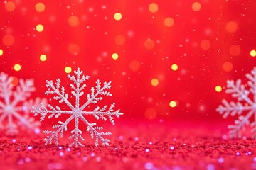 Close up of a sparkling snowflake on a vibrant red background with bokeh lights