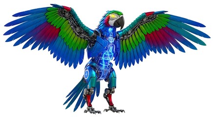 Fototapeta premium Vibrant blue and green macaw parrot with wings spread isolated on white background