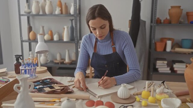 Woman artist sketching with pencil, hands on sketchbook in studio, wearing apron and surrounded by pottery and shelves; handmade craft concentration.